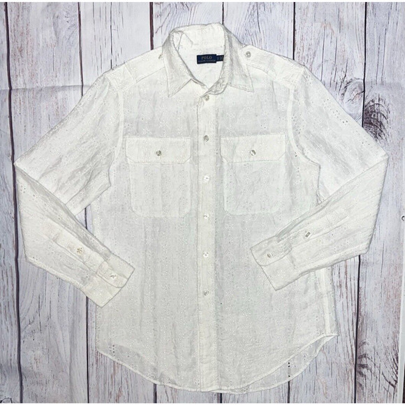 Polo Ralph Lauren Women's White Eyelet Floral Sheer Button Up Top Size SP - Picture 1 of 10